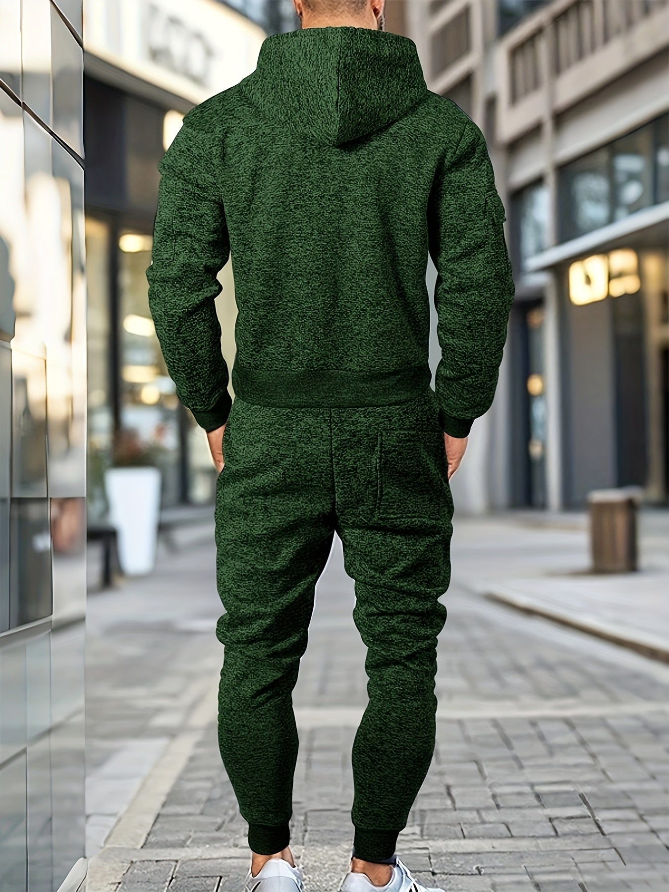Men's Casual Sports Hoodie and Pants Set with Zipper, Drawstring, Fleece-Lined - Polyester Blend, Machine Washable