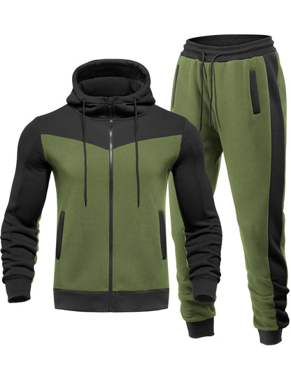 Men'S Casual Hoodie Set for Autumn And Winter, Featuring a Hooded Sweatshirt And a Sporty Cardigan in a Patchwork Design.