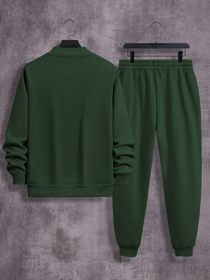 Men'S Casual Polyester Sweatsuit Set with Baseball Collar and Slight Stretch - Solid Color Long Sleeve Knit Fabric Track Suit for Fall/Winter