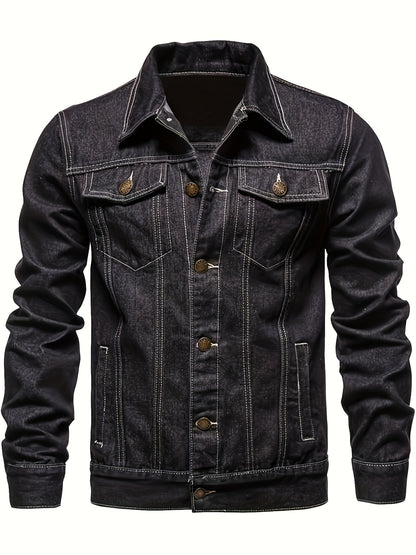 Men's Slim-Fit Denim Jacket - Casual Cotton Blend, Long Sleeve with Pockets, Machine Washable
