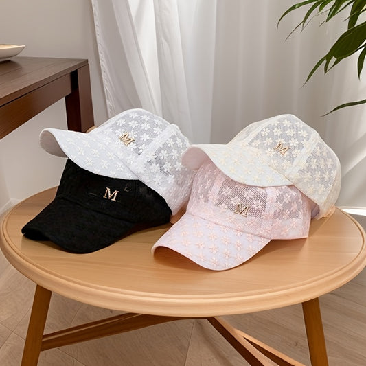 Women's Floral Lace Baseball Cap with Breathable Mesh Back & Embroidered 'M' Detail - Adjustable Snapback Closure, Lightweight Design for Valentine's Day, Casual Outings, City Travel, Outdoor Activities Hat, Embroidered Detai