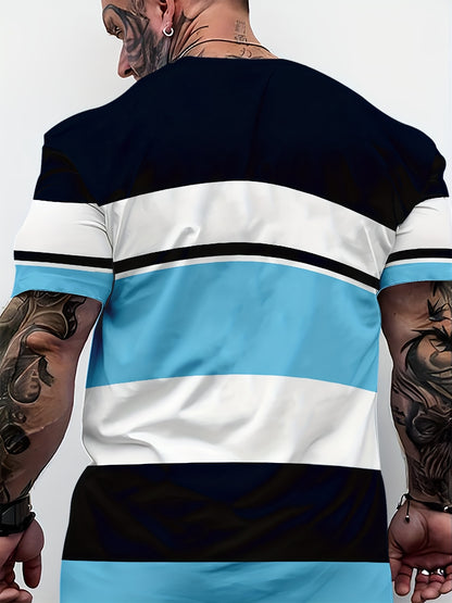 Men's 3D Digital Print Short Sleeve T-Shirt - Bold Striped Color Block Design, Breathable Round Neck, Lightweight All-Season Casual Tee, Machine Washable, Everyday Outfit, Modern Fashion, Durable Tee, Printed Shirt, Streetwea