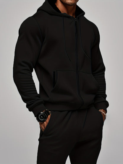 2pcs Men's Solid Color Hooded Long Sleeve Sweatshirt + Pants Set, Casual Co-ord Sports Fitness Set