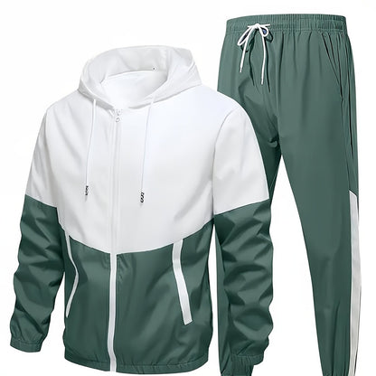 2pcs Men's Hooded Tracksuit - Lightweight Polyester Active Wear Set For Spring/Autumn With Pockets, Long Sleeve Jacket And Jogger Pants