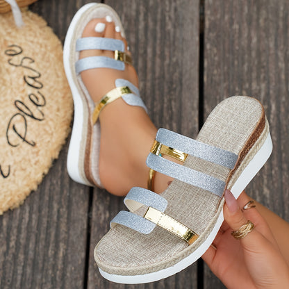 Women'S Slip-On Platform Sandals - Beige Open Toe with Golden Buckles, Faux Cover Upper & Fabric Insole, Comfortable Flat Heel for Casual Wear, Summer Footwear | Opentoe Sandals | Synthetic Cover Insole, Strappy Sandals