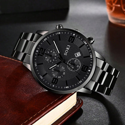1pc Men'S Fashionable Business Quartz Watch with Black Dial, Stainless Steel Band & Alloy Case - Ideal Gift for Father, Husband, or Friend - Everyday Wearable Timepiece, Formal Accessory | Sleek Black Watch | Alloy Case Watch