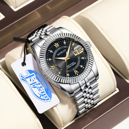 KASRLUO Elegant Men's Quartz Watch - Luminous Date Display, Golden-Tone Stainless Steel Band, Business Style with Rhinestone Detailing, Battery Operated