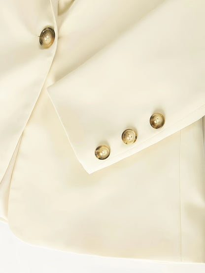 Women's Casual Beige Blazer and Pants Set - Polyester, Long Sleeve, Double-Breasted, Lapel Collar, with Pockets, Machine Washable