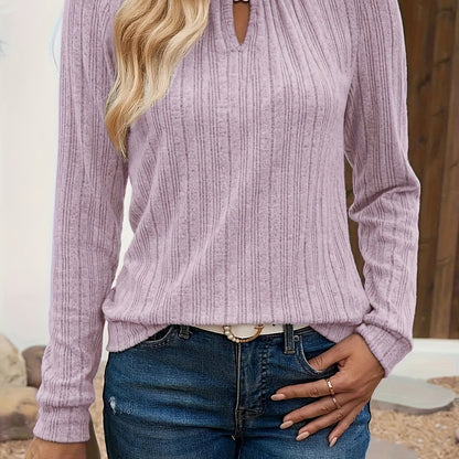 Elegant Lavender Women's V-Neck Long Sleeve T-Shirt - Soft Brushed Ribbed Polyester Blend, Stretchy & Machine Washable, Perfect for All Seasons