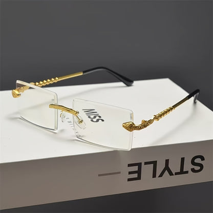 1 Pair Men's Frameless Rectangular Fashion Glasses with Golden Snake-Light Beige Metal Temples - Wide Fit (>139mm), Decorative Lens, Casual Fashion Accessories for Halloween/Christmas/Mother’s Day, Trendy Eyewear, Snake Pat