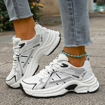 Women's Minimalist Black and White Thick-Sole Lace-Up Sneakers with Breathable Mesh Material, Comfortable for Daily Wear and Light Exercise