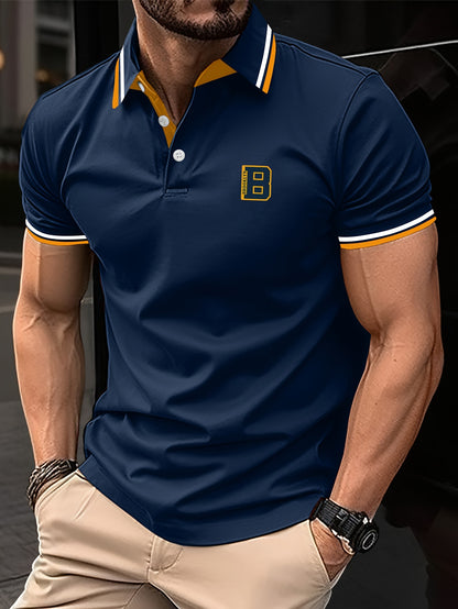 Men's Trendy Simple Letter Print Color Block Short Sleeve Button Up Lapel Shirt For Summer Daily, Golf Shirt