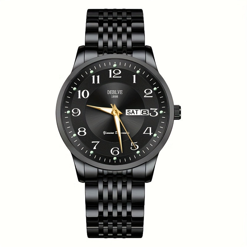 1pc DEBLOVE Men'S Stainless Steel Watch with Red Dial - Date, Calendar, Luminescent Hands & Markers, Quartz Movement, Business Casual Style, Perfect for Travel, Work, and Birthdays, Birthdays Gift|Elegant Watch Design|Quartz