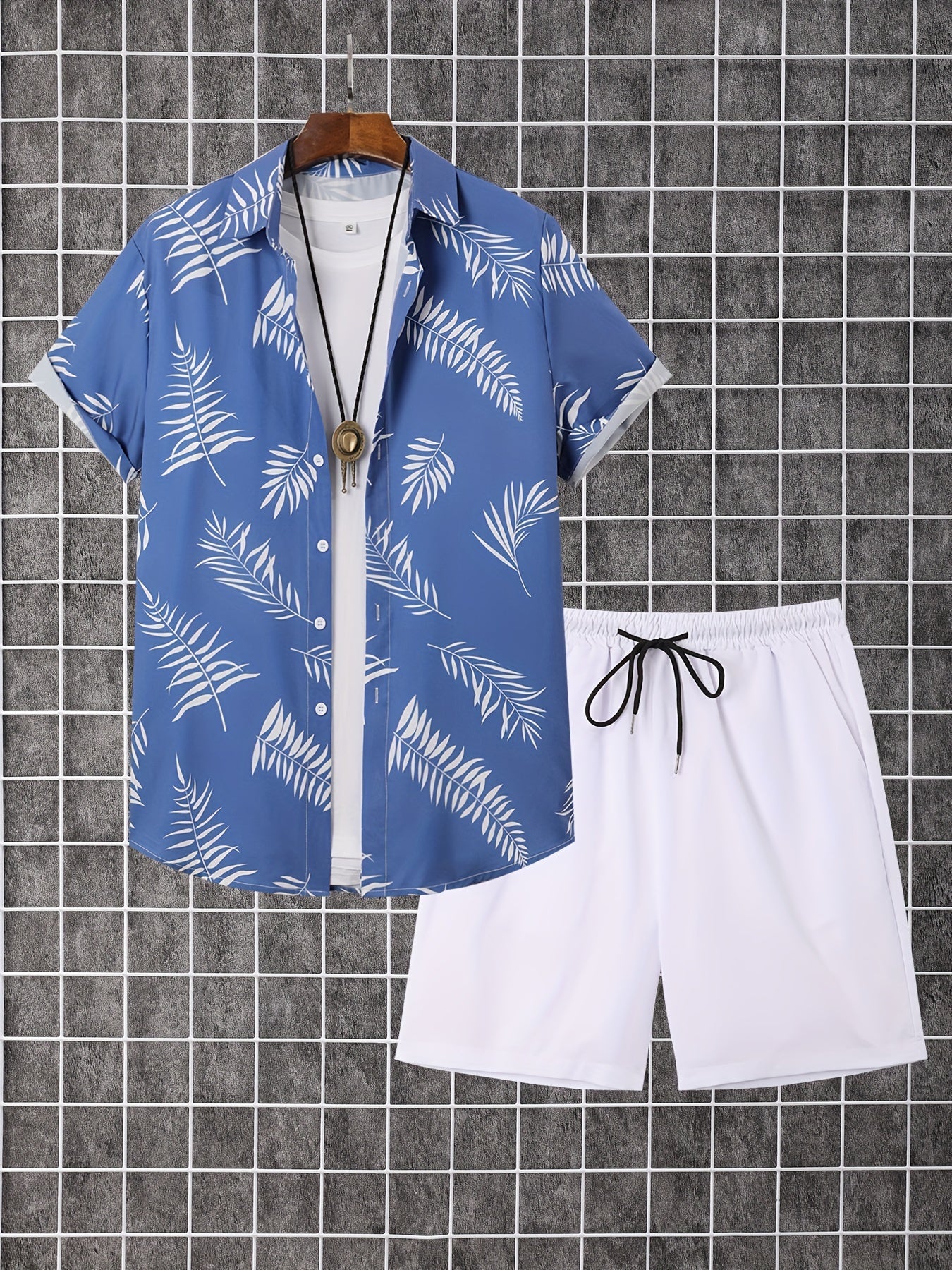 2-piece Men's Holiday Style Summer Outfit Set, Leafs Pattern Print Short Sleeve Button Up Lapel Shirt Top & Solid Drawstring Shorts With Pockets