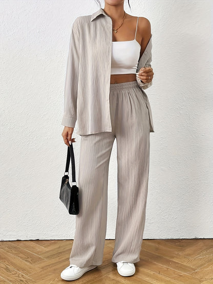 2pcs Women Spring & Autumn Casual Solid Color Long Sleeve Shirt And Pants Set