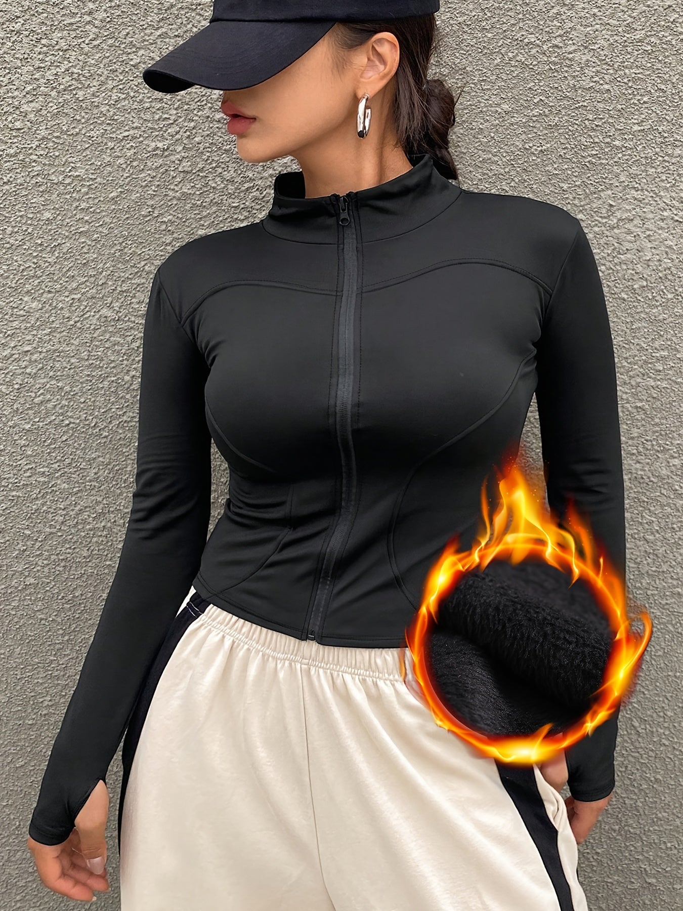 Women's Stylish Fleece-Lined Zip-Up Jacket - Warm, Slim Fit, Long Sleeve with Thumb Holes, Black, Polyester Blend for Casual & Activewear, Cute Jacket