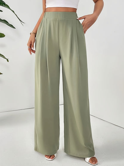 Women'S Stylish Gray Wide Leg Pants with Elastic Waistband and Double Pockets - Perfect for Office, Commuting, or Casual Wear