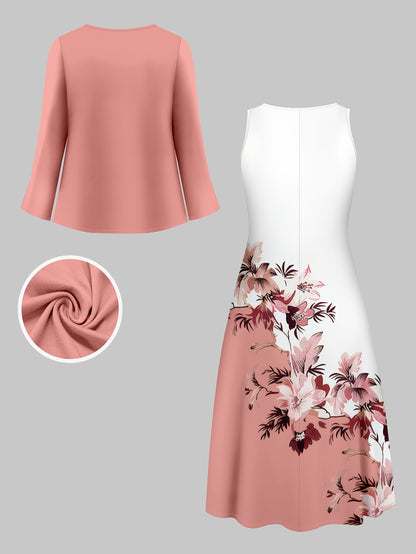 Fashion Women's solid color small cardigan and floral print patchwork dress two-piece set
