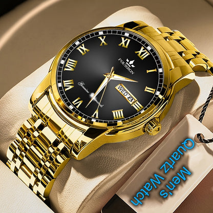 FOURRON Men'S Quartz Watch - Stainless Steel Band, Roman Numerals, Luminous, Waterproof, Ideal for Birthday & Holiday Gifts