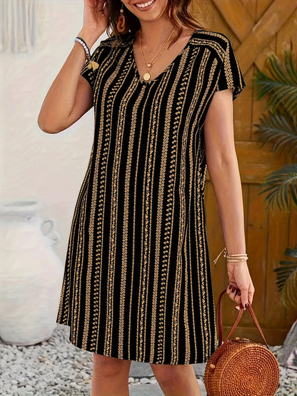 Ethnic Print V-neck Dress, Vacation Style Short Sleeve Slim Fit Dress For Spring & Summer, Women's Clothing