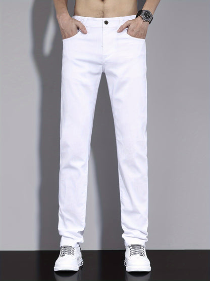 Men's Solid Washed Denim Trousers With Pockets, Causal Cotton Blend Jeans For Outdoor Activities