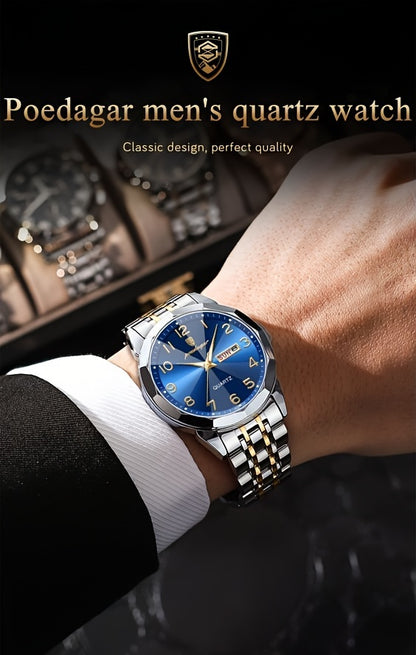1pc BINBOND Men'S Fashion Watch, Luxury Dual Calendar Quartz Wristwatch, Business Style, Round Alloy Case, Stainless Steel Strap, Water-Resistant, Luminous Pointer Display, Battery Powered, Perfect for Valentine's, Christmas,