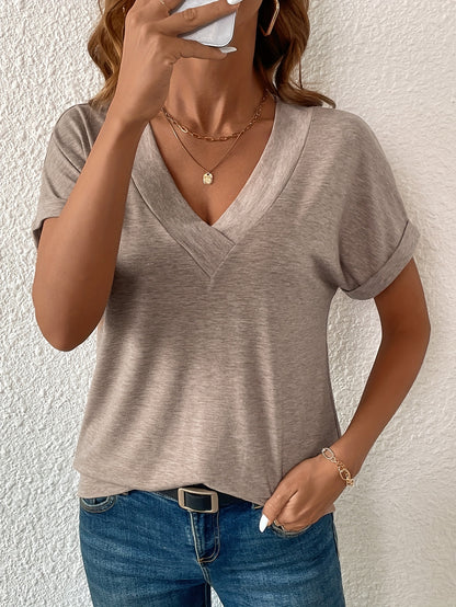 Women's Casual V-Neck Batwing Sleeve T-Shirt - Soft Breathable Top, Machine Washable, Versatile Spring Summer Fall Wardrobe Essential