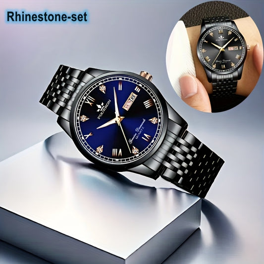 1pc Elegant Rhinestone-Set Stainless Steel Bracelet Watch for Men - Quartz, Date & Calendar Display, Glow-in-the-Dark Hands, Waterproof, Business Casual Style, Ideal Gift for Birthdays & Holidays, Casual Accessory | Elegant W