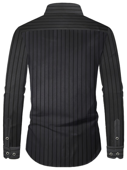 Men's Slim-Fit Striped Long Sleeve Shirt - Polyester, Machine Washable, Business Casual Style for Spring/Fall, 1856 Print, Hexagon Collar