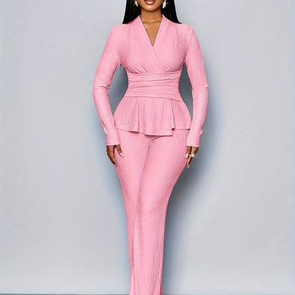 Elegant Women'S V-Neck Long Sleeve Top and Wide Leg Pants Two-Piece Set, Asymmetrical Hem Two-Piece Outfit for Casual Daily Wear, Winter Women'S Clothing