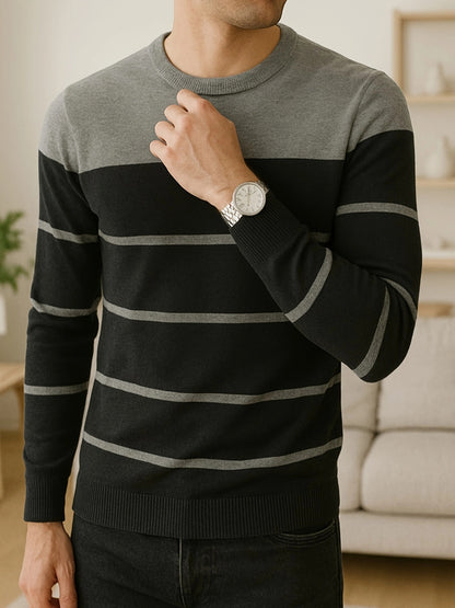 Men's Slim-Fit Striped Knit Sweater - All-Season Business Casual & Casual Attire, Navy Blue/White Horizontal Stripes with Contrast Trim, Round Neck Long Sleeve Pullover, Multi-Color Options (Black/Beige/Light Brown/Navy) - Co