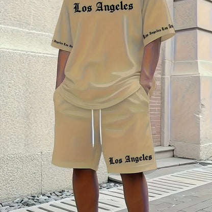 Men'S Los Angeles Graphic Print Casual Sportswear Set - Breathable Summer Short Sleeve T-Shirt & Drawstring Shorts with Pockets, Regular Fit, Crew Neck, Comfortable & Stylish for Casual Attire, Leisure Clothing | Trendy Sport