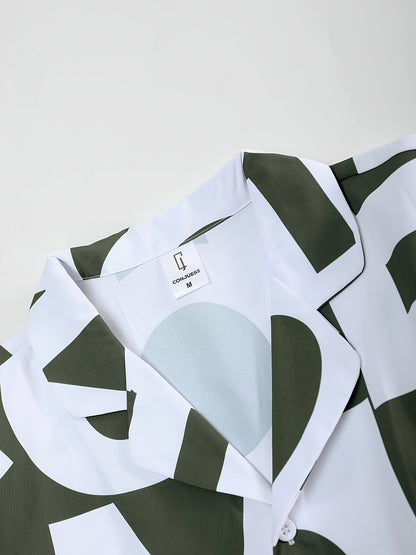 Men's Suit with Black and White Letter Print, Short Sleeve, Open Collar Shirt and Shorts, Casual Set
