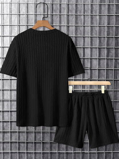 Men'S Casual Polyester Crew Neck Embroidered Alphabet Pattern Slight Stretch Knit Fabric Regular Fit Lash Sets for Spring