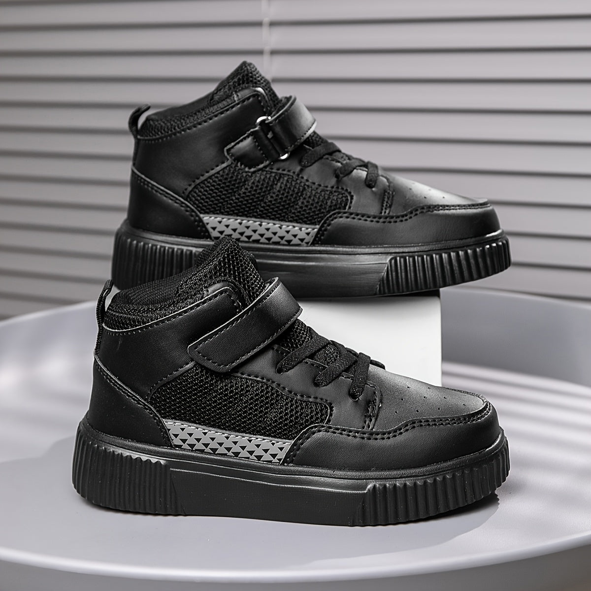 Youngsters' Black Mesh & PU High-Top Sneakers with Diamond Pattern - Breathable, Durable, Lightweight EVA Sole & Adjustable Hook-and-Loop Closure for School, Outdoor, Training - All-Season Versatile Play Shoes for Boys & Girl
