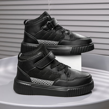 Youngsters' Black Mesh & PU High-Top Sneakers with Diamond Pattern - Breathable, Durable, Lightweight EVA Sole & Adjustable Hook-and-Loop Closure for School, Outdoor, Training - All-Season Versatile Play Shoes for Boys & Girl