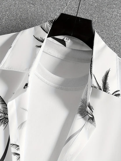 Coconut Tree Print, Men's 2Pcs Outfits, Casual Camp Collar Lapel Button Up Short Sleeve Shirts Hawaiian Shirt And Drawstring Shorts Set For Summer, Men's Clothing