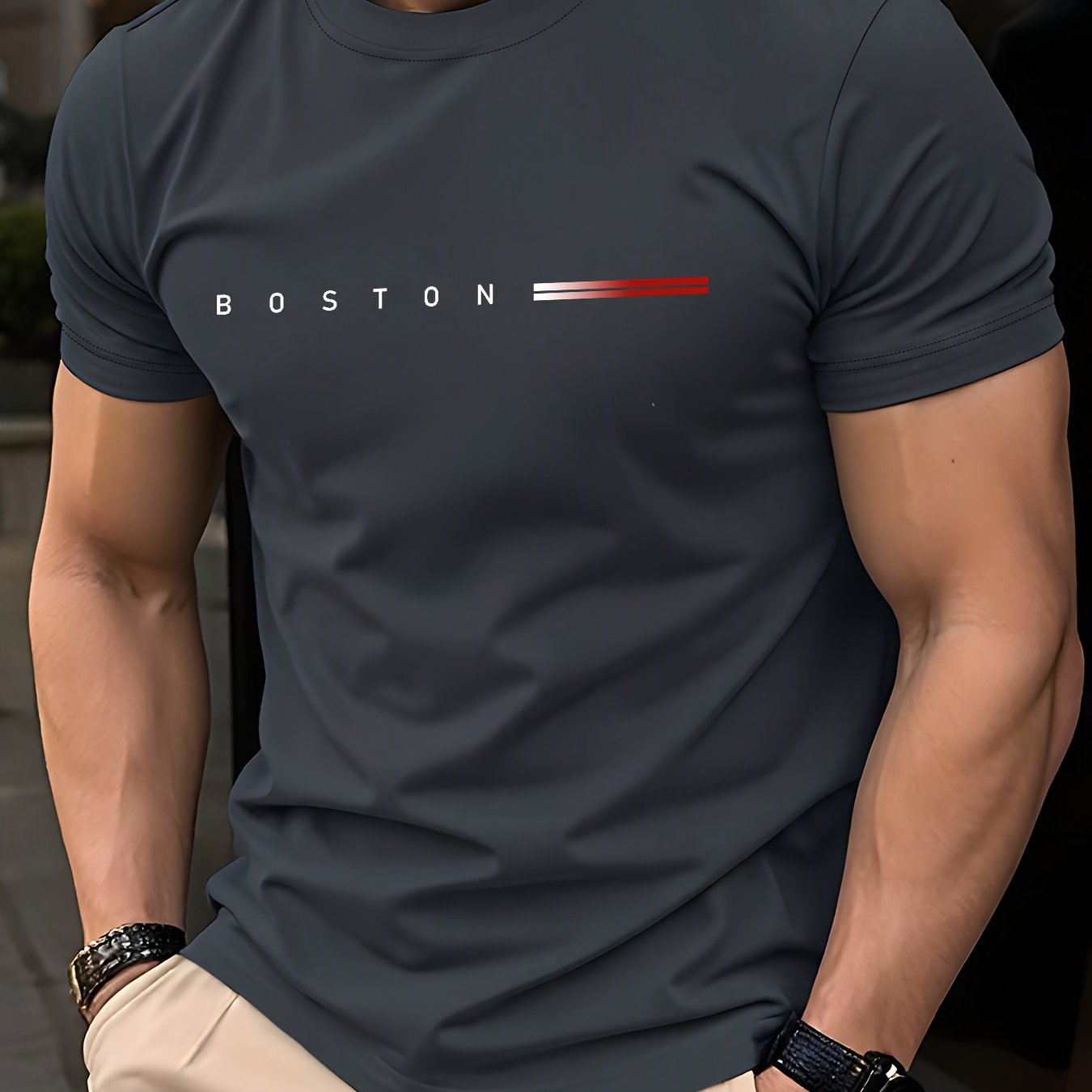 Men's Heavyweight 180gsm Cotton T-Shirt - Dark Gray Crew Neck Tee with Bold "Boston" Print, All-Season Everyday & Formal Shirt for Men - Machine Washable Luxury Casual Top, Versatile Clothing, Modern Design, Premium Fabric, S