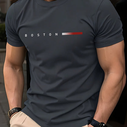 Men's Heavyweight 180gsm Cotton T-Shirt - Dark Gray Crew Neck Tee with Bold "Boston" Print, All-Season Everyday & Formal Shirt for Men - Machine Washable Luxury Casual Top, Versatile Clothing, Modern Design, Premium Fabric, S