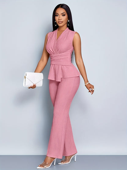 Elegant Women'S Two-Piece Set, Sleeveless V-Neck Top & Wide-Leg Pants, Solid Color, Asymmetrical Design, All-Season Casual Wear, Casual Attire | Asymmetrical Top | Wideleg Pants