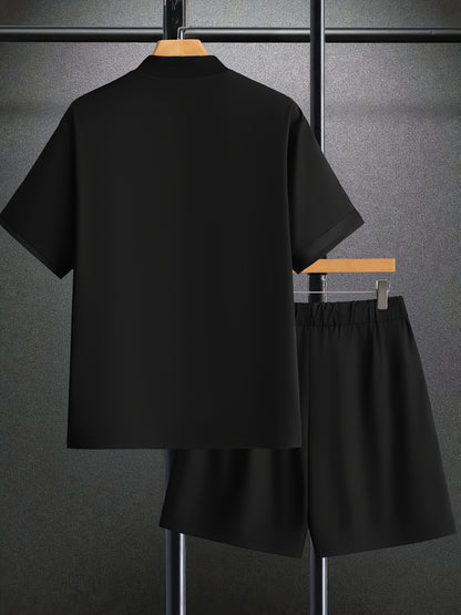 Men's Chicago Letter Print Casual Short Sleeve Baseball Shirt with Printed Webbing + Drawstring Shorts Two-Piece Set