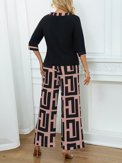 Women's Elegant Spliced Round Neck Top + Geometric Print Wide-Leg Pants Two-Piece Set