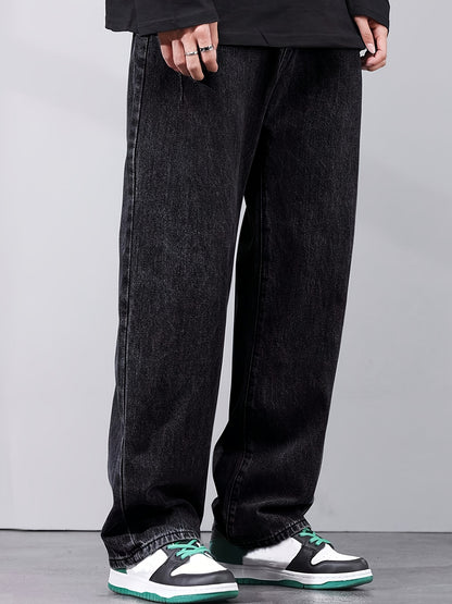 1pc Men'S Casual Denim Jeans - Classic Washed Straight-Leg Pants with Pockets, Non-Stretch Fabric, Regular Fit, All-Season Loose Denim for Adults, Casual Outing Style