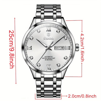 Elegant Men's Stainless Steel Quartz Watch - Luxurious Golden-Tone Business Timepiece with Dual Calendar & Luminous Hands, Waterproof - Ideal Gift for Birthdays & Anniversaries