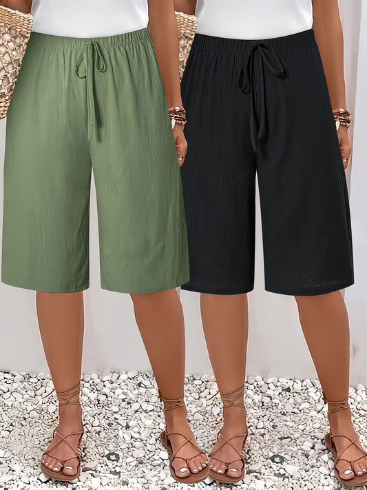 2pcs Women'S Plus Size Casual Beach Shorts - Solid Color Polyester, Non-Stretch Fabric with Fake Drawstring Detail, Woven Straight Leg Pants for Summer, High Waisted Shorts