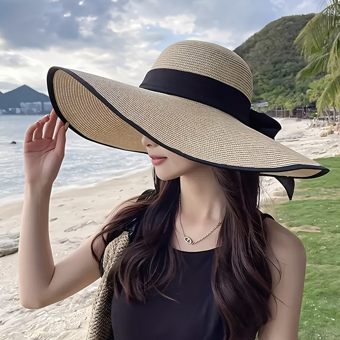 Women's wide-brim bow hat, suitable for all four seasons, foldable and breathable versatile cap
