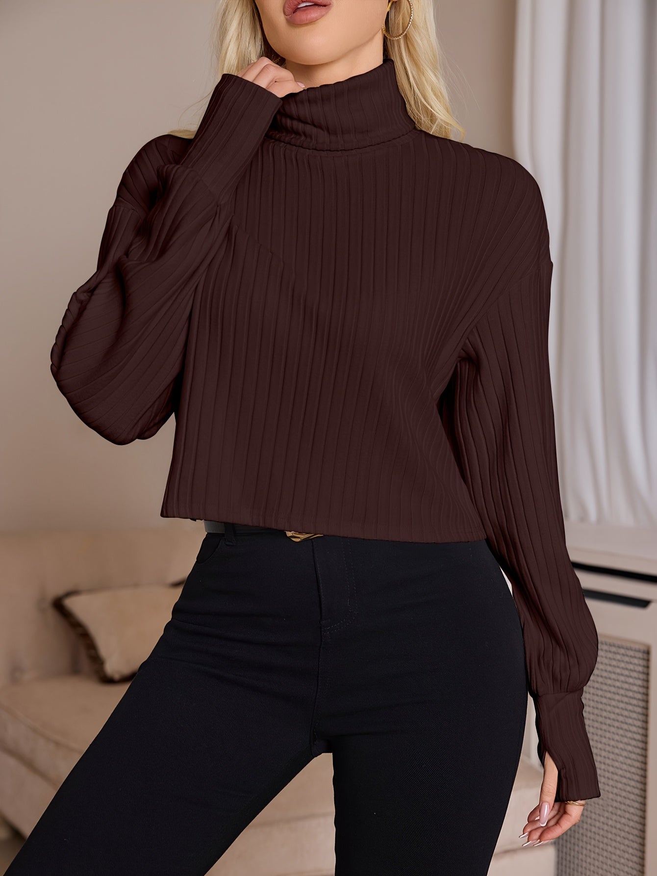 Women'S High Neck Knit Turtleneck T-Shirt, Solid Color Polyester 95% Spandex 5% Blend, Short Length, Fall/Winter Collection, 210g/m² Knit Fabric