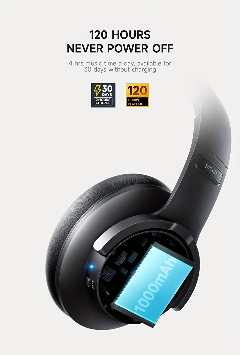 Picun B8 Wireless Gaming Headphones with 120H Playtime, 3 EQ Customization & Game Mode, Noise Isolation, Foldable Over-Ear Design, Wireless, USB-C Charging, Built-in Mic for PC/Laptop/Phone/Travel (Black), Wireless Gaming Hea
