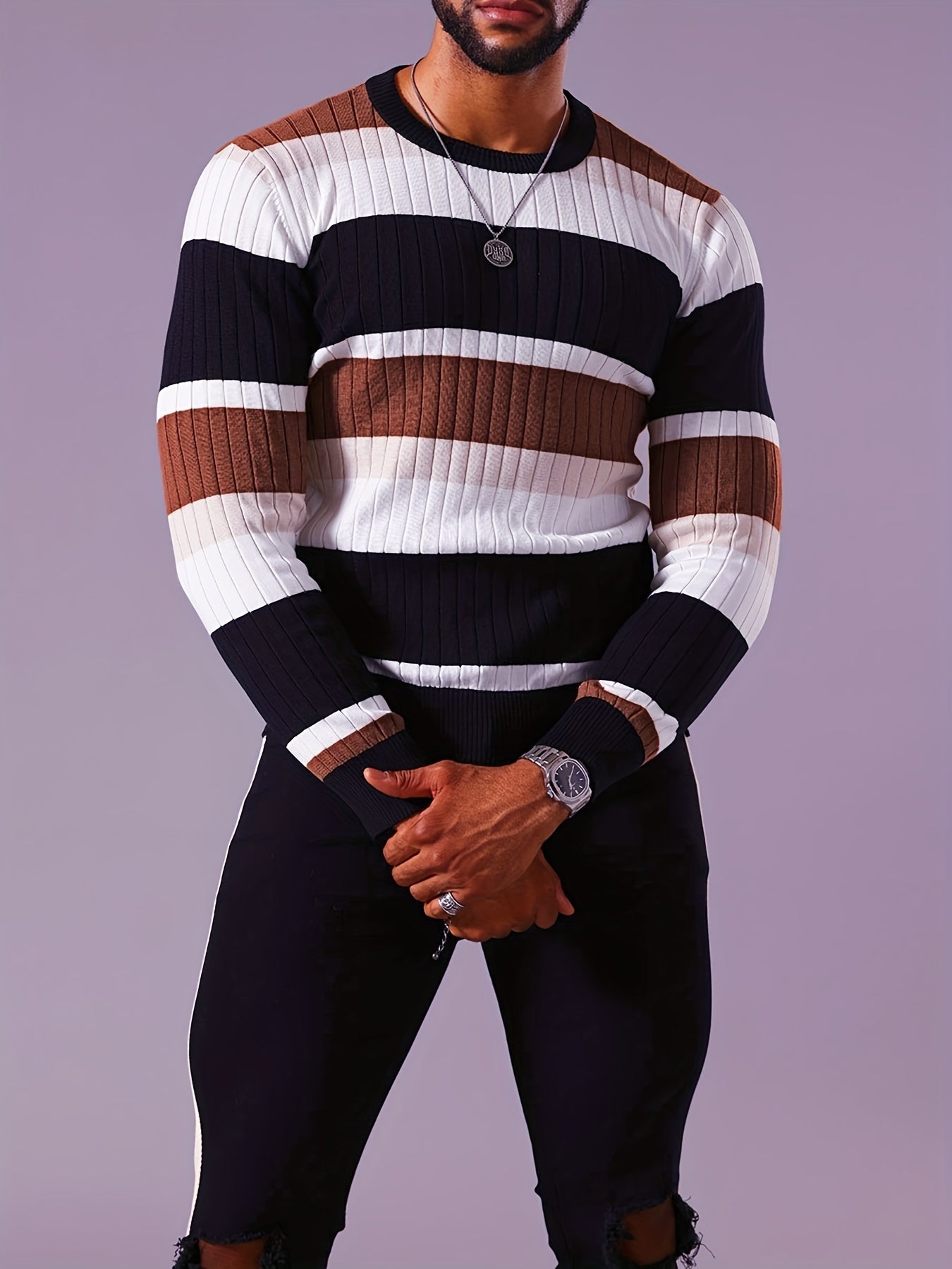 Men's Striped Color-Block Ribbed Knit Sweater - Long Sleeve Round Neck Pullover with Elastic Comfort Fit, Machine Washable Casual Fall Winter Top in Black/White/Green/Beige, Knit Sweater, Medium Elasticity