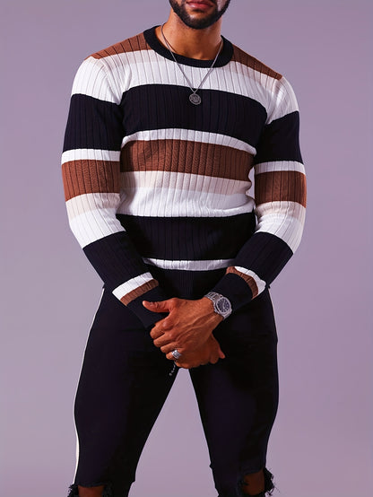 Men's Striped Color-Block Ribbed Knit Sweater - Long Sleeve Round Neck Pullover with Elastic Comfort Fit, Machine Washable Casual Fall Winter Top in Black/White/Green/Beige, Knit Sweater, Medium Elasticity